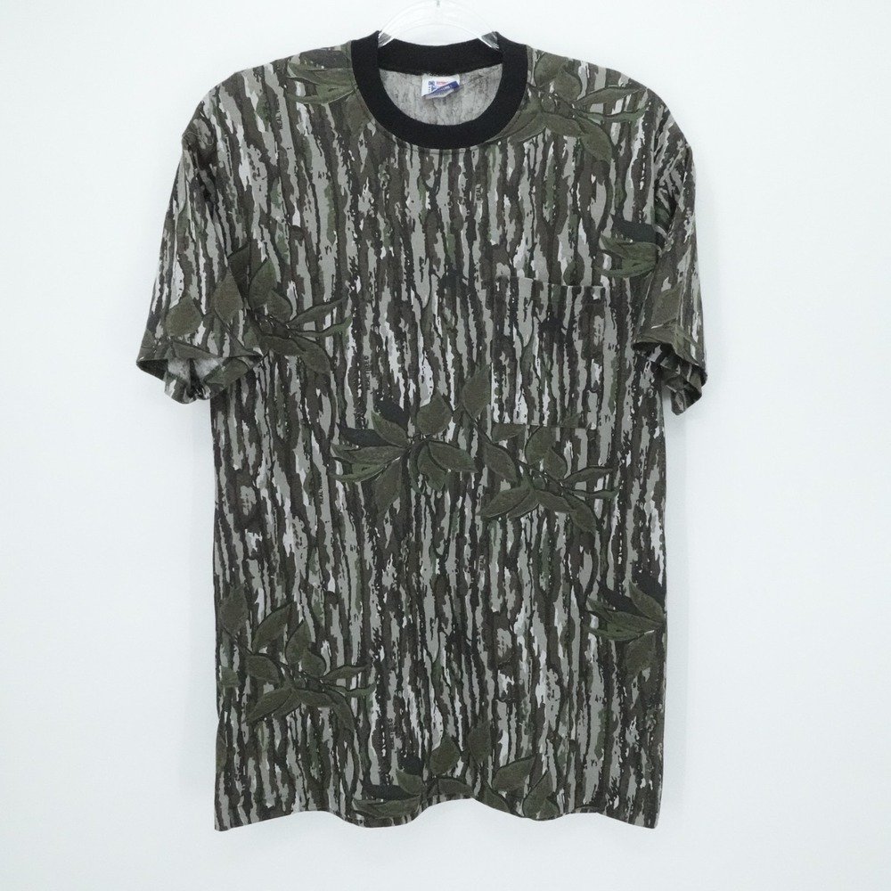 Vintage Bark Camo T Shirt Mens Large Gray Woods‎ Single Stitch Pocket Hunting